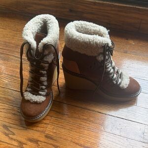 See by Chloe Women's Brown Shearling Lace-Up Booties